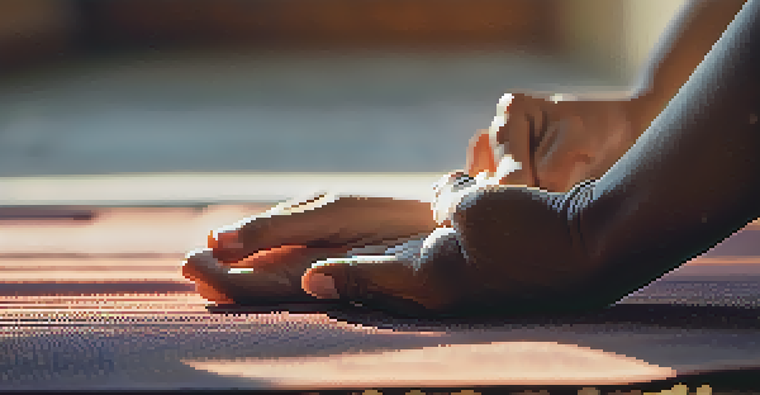 Close-up of hands in a meditative pose on a yoga mat, with soft sunlight casting shadows in the background.