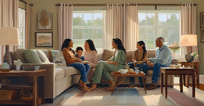 A diverse family sitting together in a cozy living room, having an engaging conversation.
