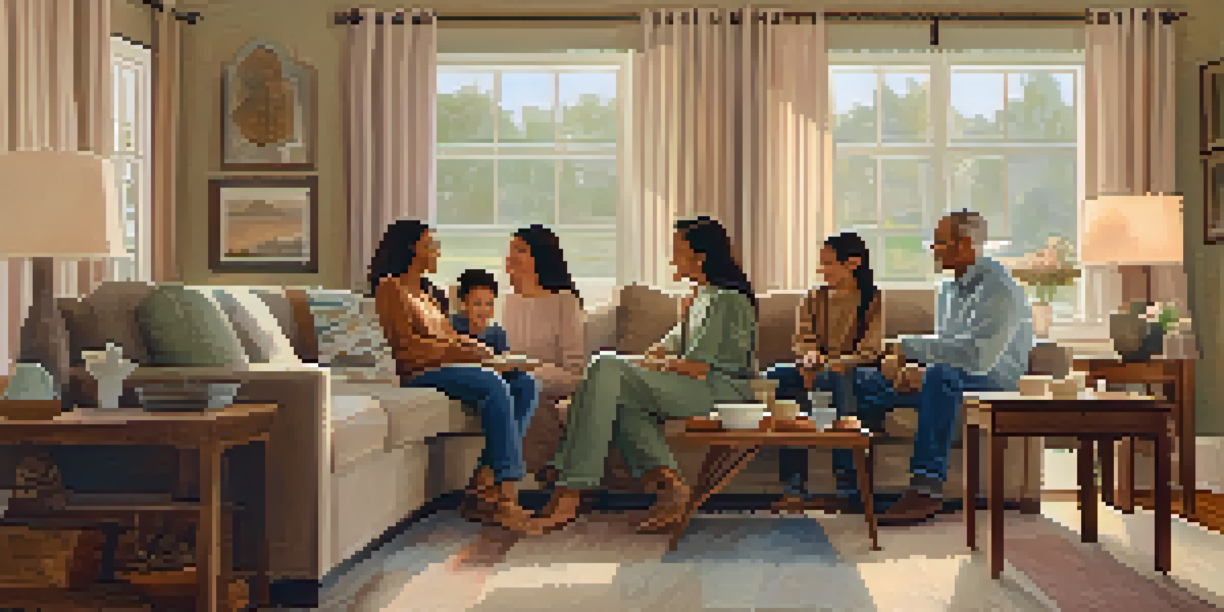A diverse family sitting together in a cozy living room, having an engaging conversation.