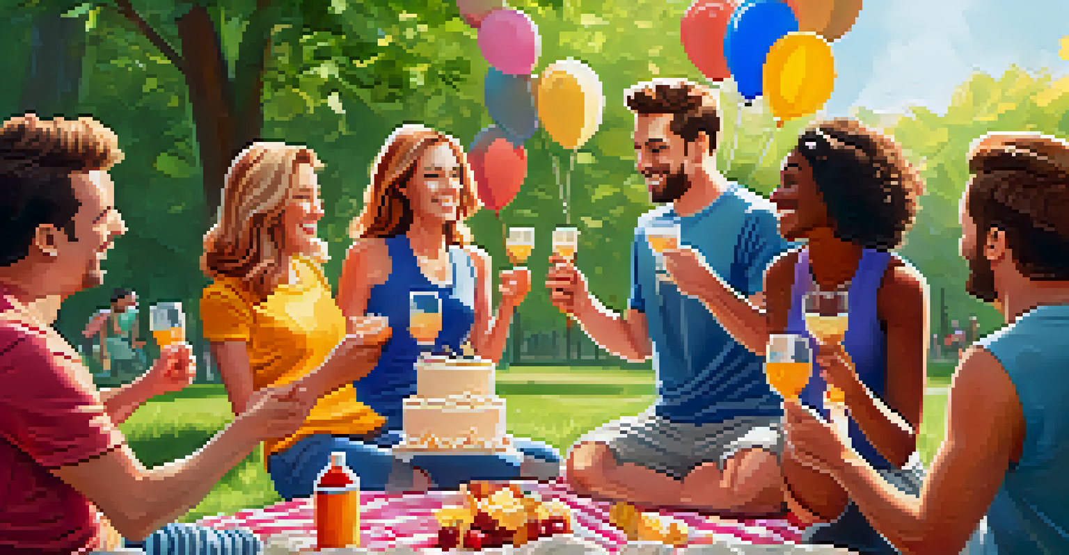 A group of friends celebrating a fitness milestone in a park, smiling and high-fiving each other with balloons and a cake.