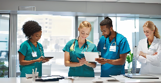 A diverse healthcare team gathered around a digital tablet in a bright clinic, showcasing teamwork and communication in a modern setting.
