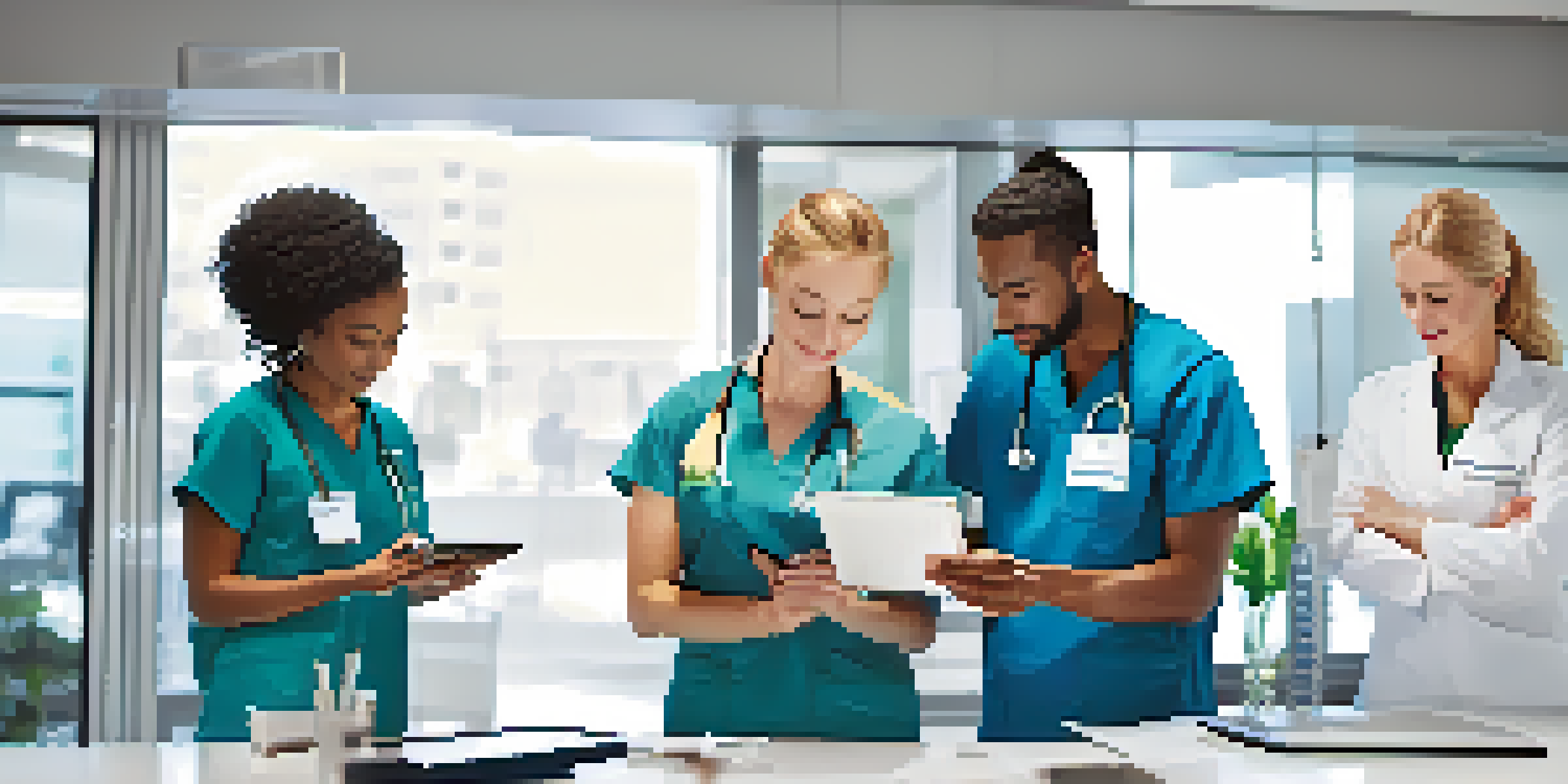 A diverse healthcare team gathered around a digital tablet in a bright clinic, showcasing teamwork and communication in a modern setting.