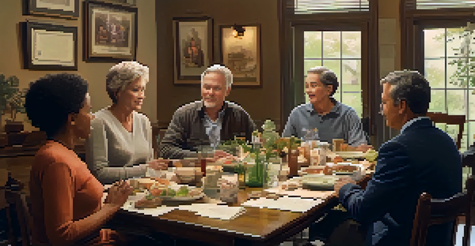 A diverse family having a discussion about their health history at a dining table, with a family tree and health pamphlets visible.