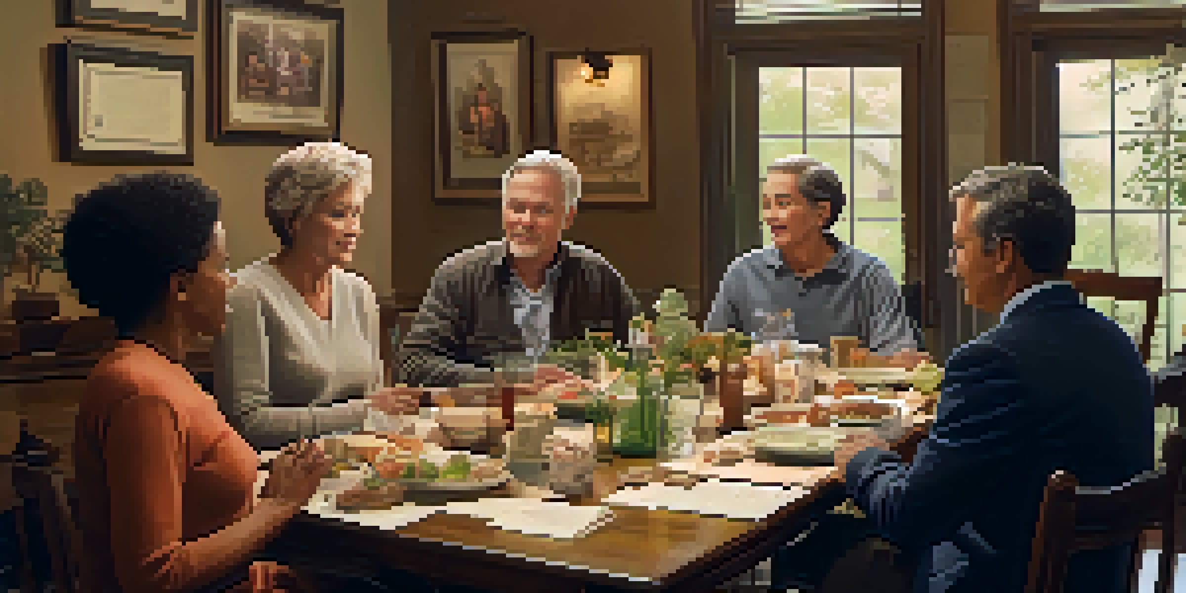 A diverse family having a discussion about their health history at a dining table, with a family tree and health pamphlets visible.