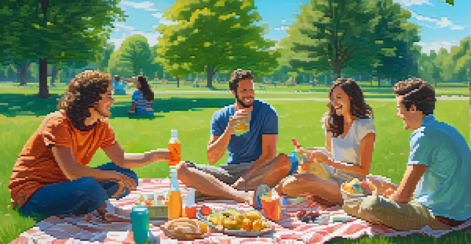 A sunny picnic in a park with friends enjoying safe snacks on a blanket, surrounded by green grass and a clear blue sky.
