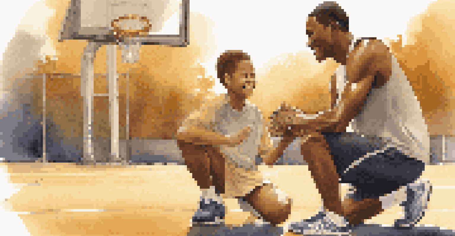 A coach encouraging a young athlete during practice on a basketball court, with a warm sunset in the background.