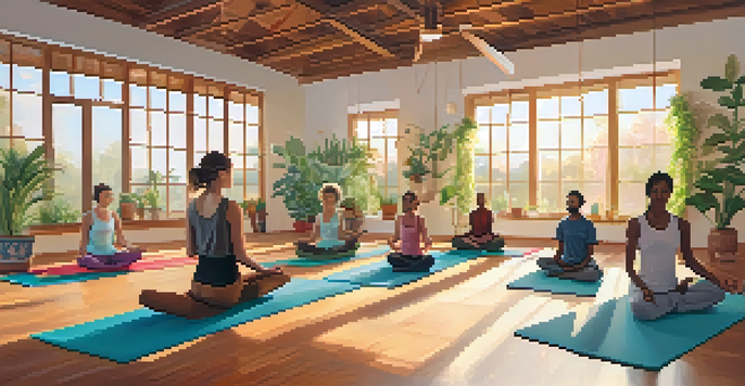A peaceful yoga studio with diverse individuals practicing yoga poses, surrounded by plants and soft morning light.