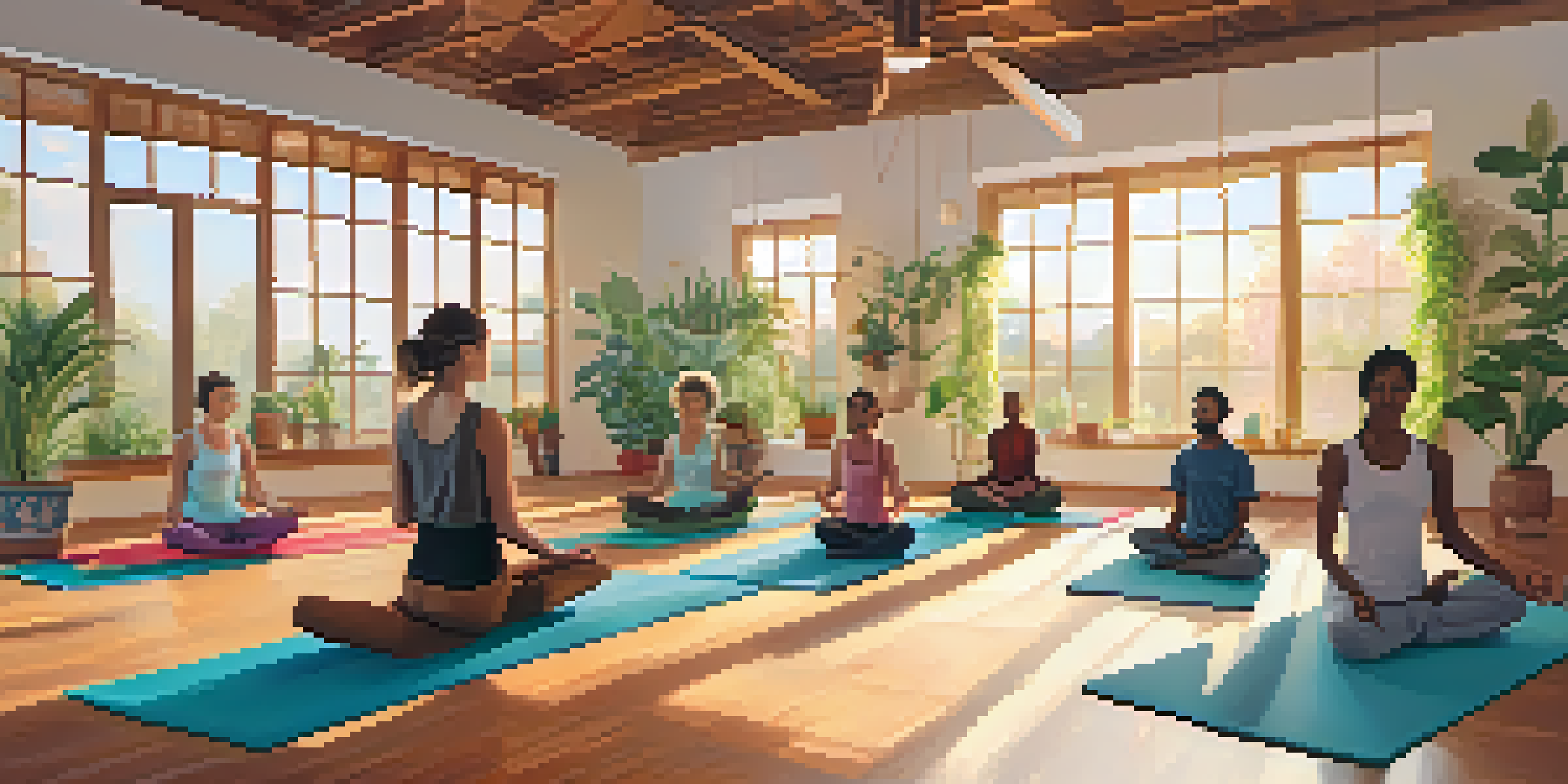A peaceful yoga studio with diverse individuals practicing yoga poses, surrounded by plants and soft morning light.
