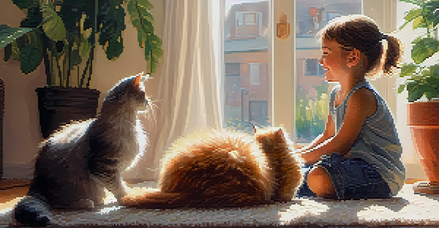 A child laughing and reaching out to a fluffy cat on a cozy rug in a sunlit room, surrounded by soft cushions and plants.