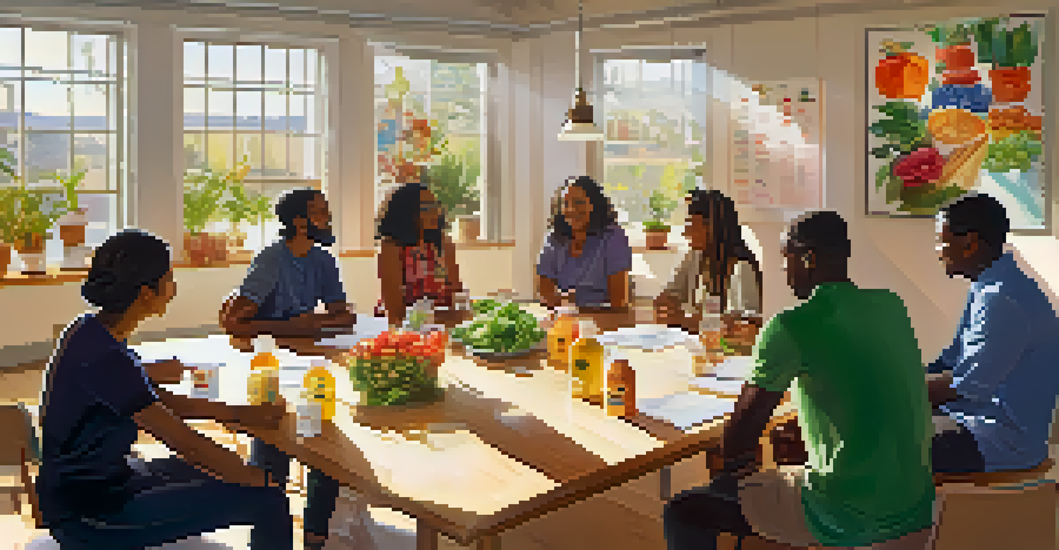 Participants engaged in a group discussion at a nutrition workshop, sharing experiences in a colorful and warm environment.