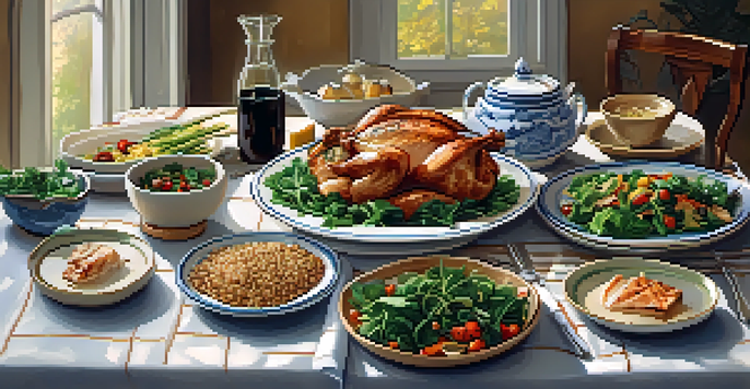 A table set with a healthy meal including greens, chicken, and grains, illuminated by soft warm light.