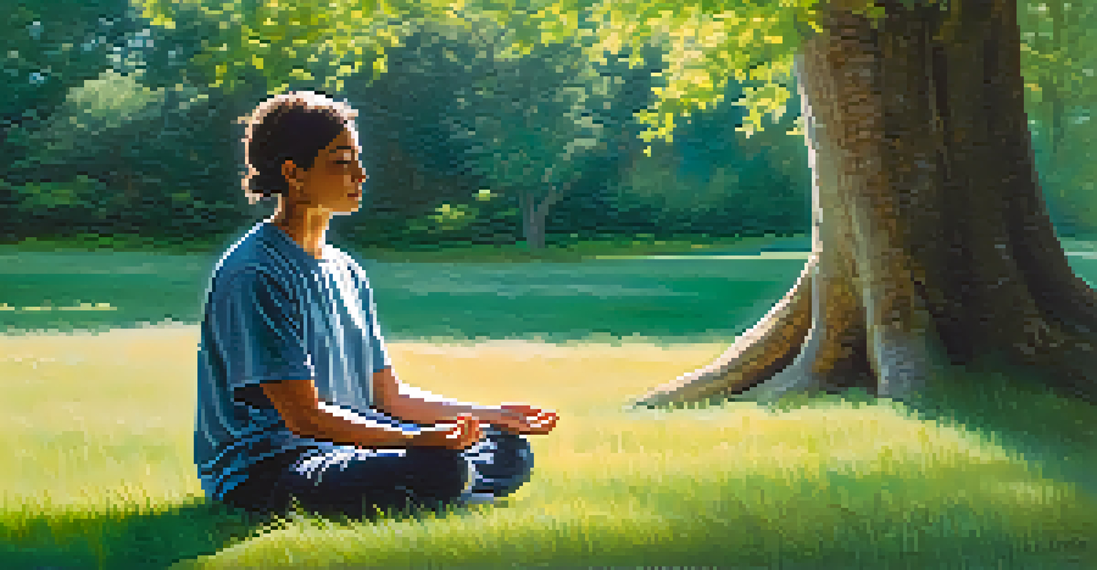 A person meditating in a peaceful outdoor setting surrounded by grass and trees with sunlight filtering through.