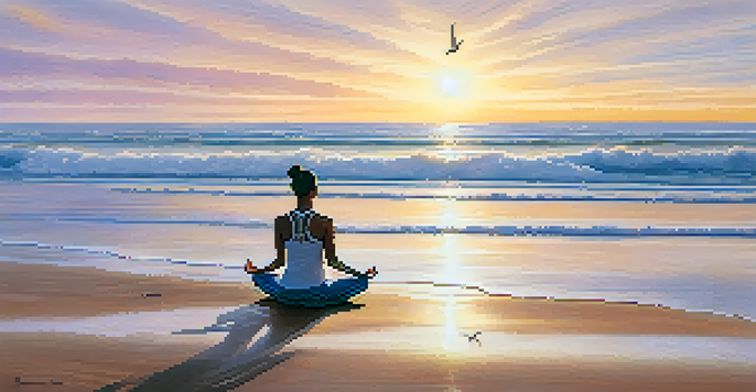 A person practicing yoga on a beach during sunrise, with soft waves and pastel colors in the sky.