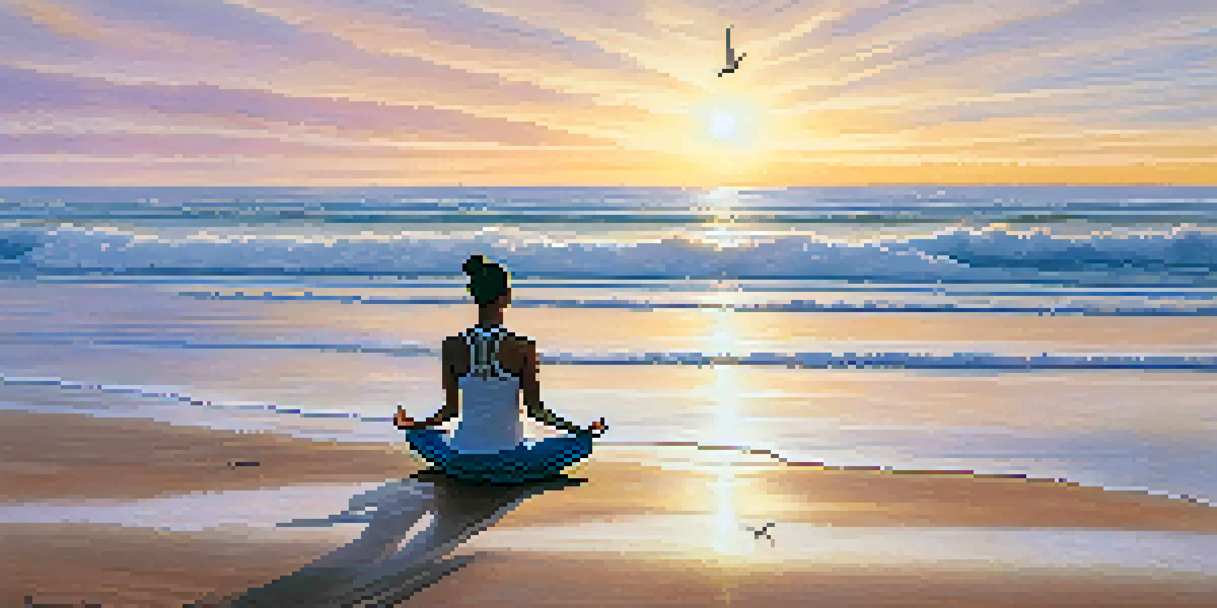 A person practicing yoga on a beach during sunrise, with soft waves and pastel colors in the sky.
