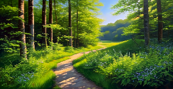 A tranquil forest path with sunlight filtering through the leaves and colorful wildflowers along the sides.