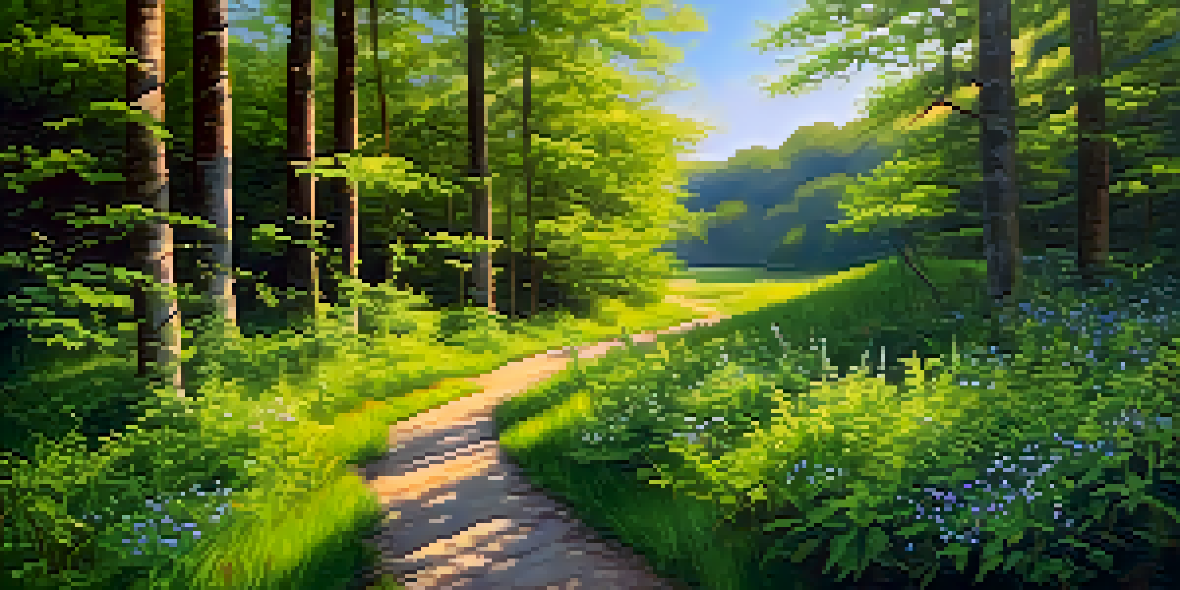 A tranquil forest path with sunlight filtering through the leaves and colorful wildflowers along the sides.