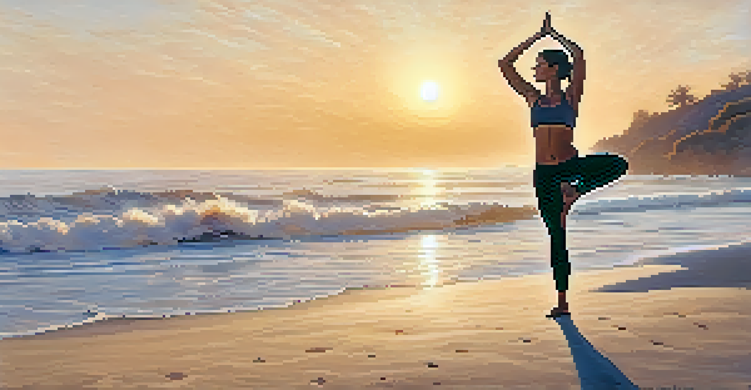 An athlete in a warrior yoga pose on a beach at sunrise, with golden sunlight and gentle waves in the background.