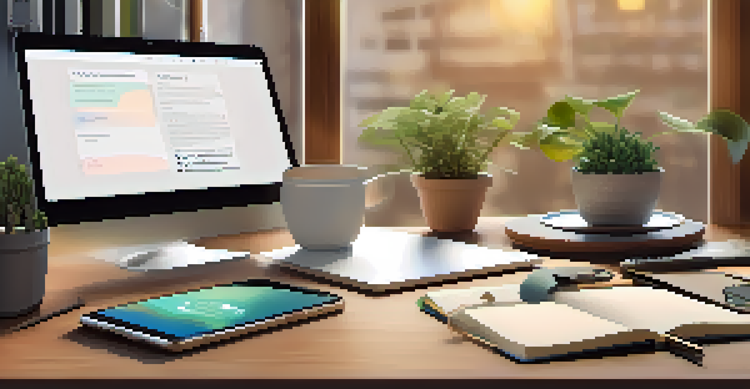 A close-up of a desk with a mindfulness app on a smartphone and calming elements like a plant and herbal tea.