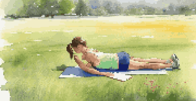 A young woman performing a flexibility test outdoors in the morning sun, surrounded by green grass and wildflowers, with a clipboard nearby.