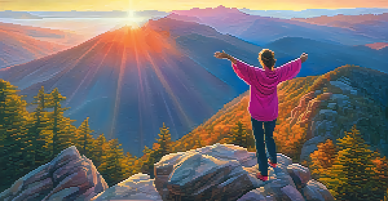 A person standing on a mountain top at sunrise, arms outstretched in joy against a colorful sky.