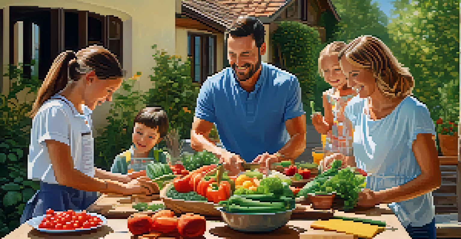 A family cooking together in a garden, surrounded by fresh vegetables and fruits, enjoying a healthy meal preparation in natural sunlight.