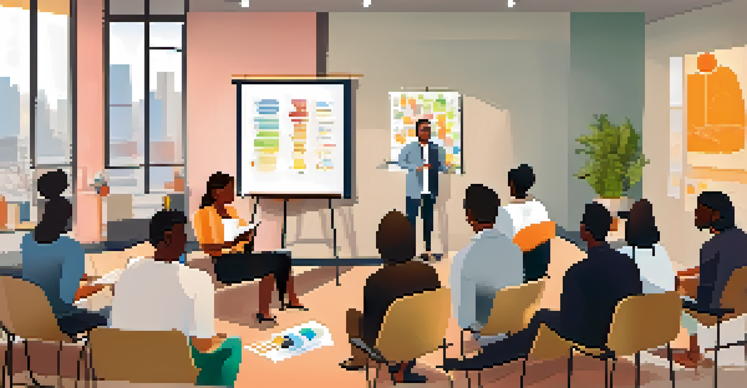 A therapist engaging with a diverse group of clients in a well-lit room, with charts and visual aids present as they discuss mental health education.