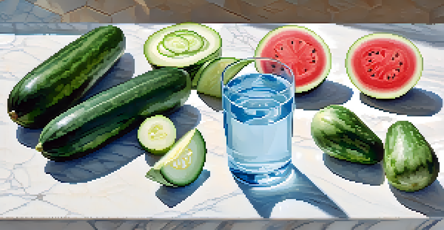 A glass of water with cucumbers and watermelon on a light marble countertop, emphasizing hydration.