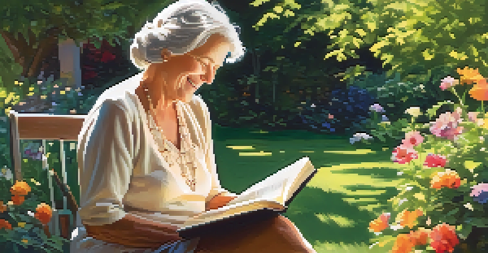An older woman sitting in a garden, reading a book with a smile, surrounded by colorful flowers and greenery.