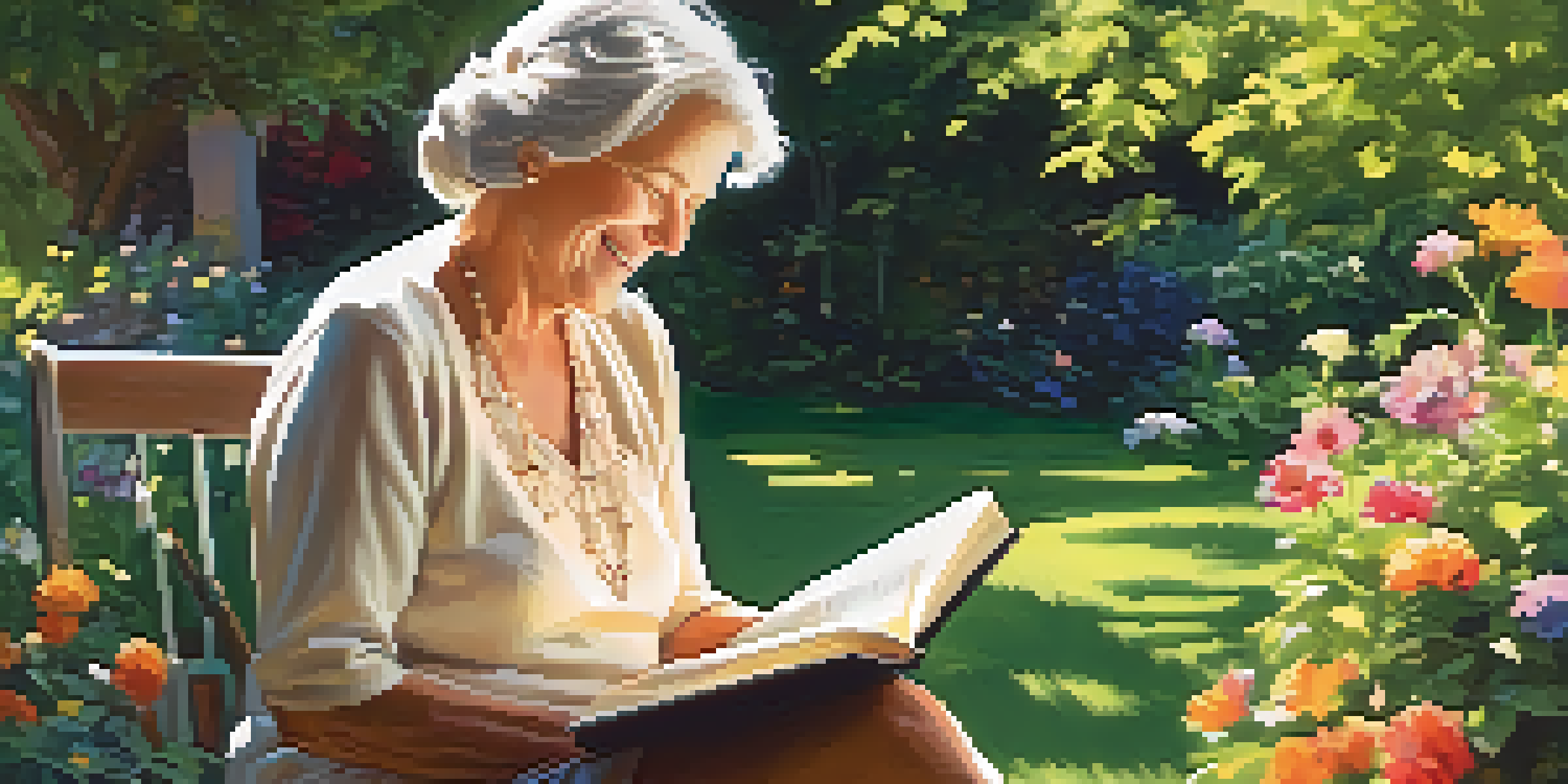 An older woman sitting in a garden, reading a book with a smile, surrounded by colorful flowers and greenery.