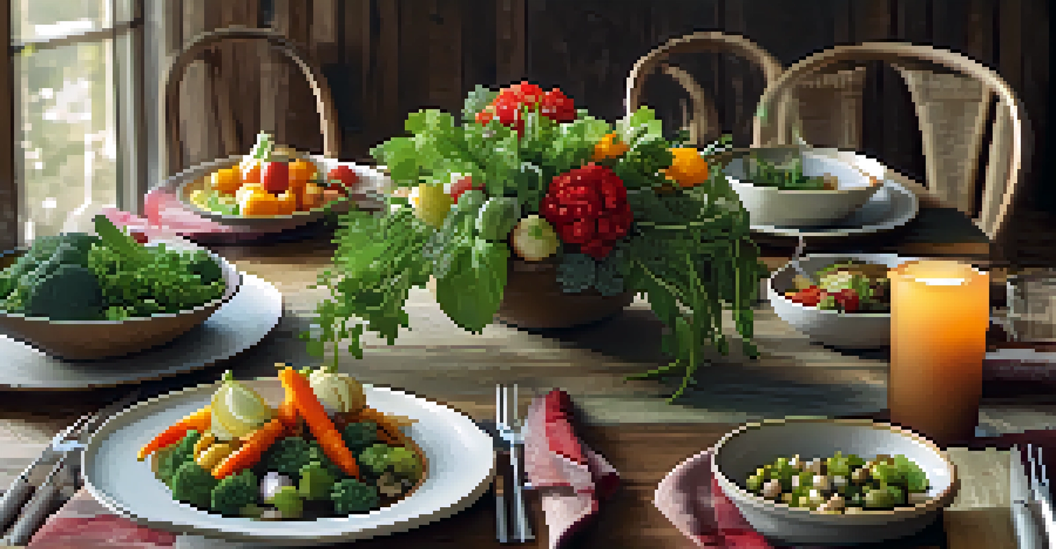 A dining table filled with seasonal vegetables and a salad, surrounded by warm lighting and natural textures.