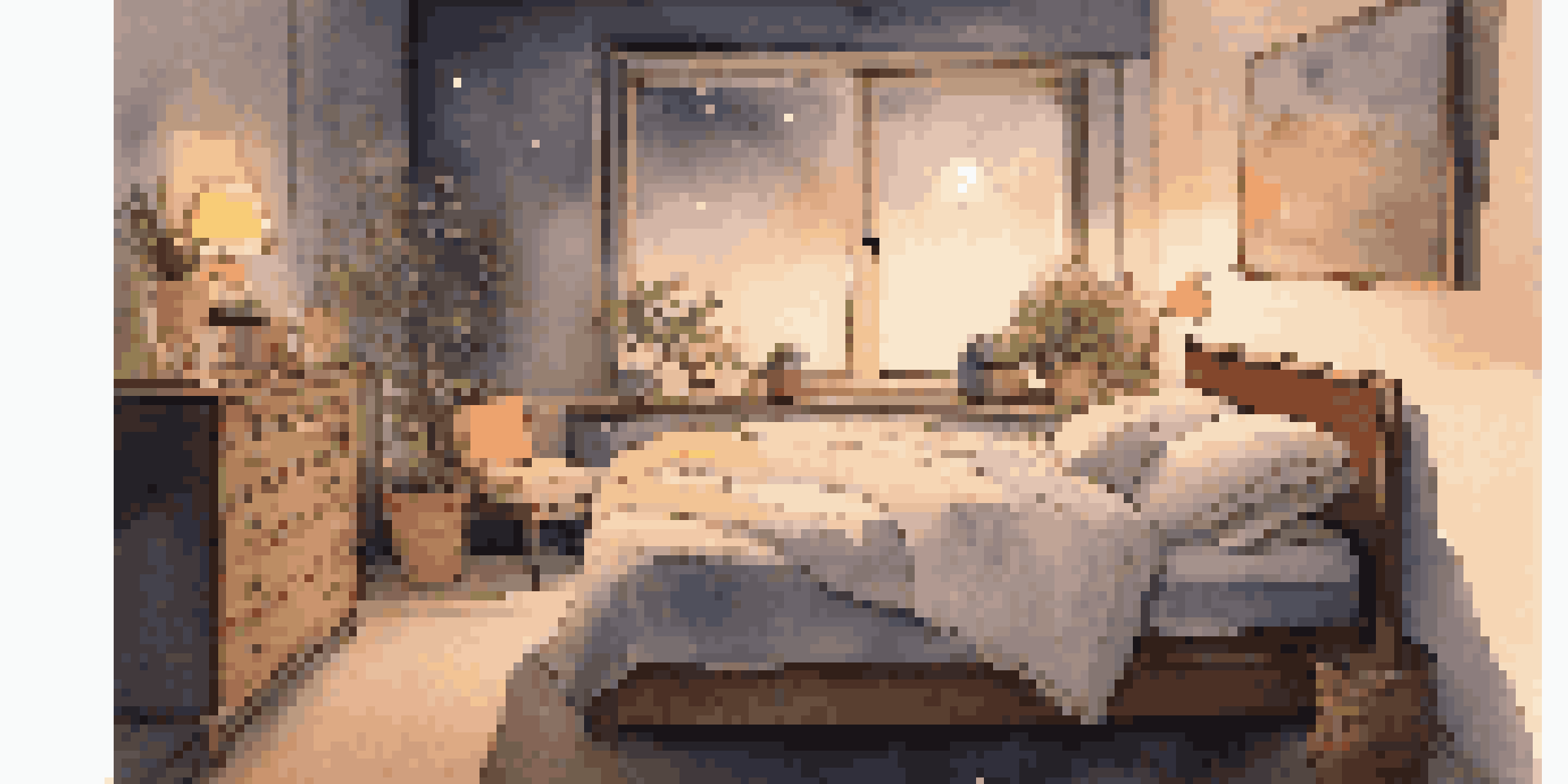 A cozy bedroom at night with a large bed, soft pillows, a bedside lamp, and a starry sky visible through the window.