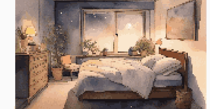 A cozy bedroom at night with a large bed, soft pillows, a bedside lamp, and a starry sky visible through the window.