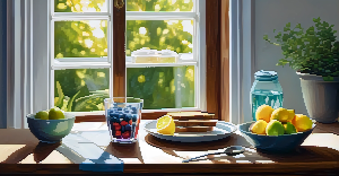 A bright kitchen table set with healthy breakfast items including avocado toast, mixed berries, and a glass of lemon-infused water, illuminated by sunlight.
