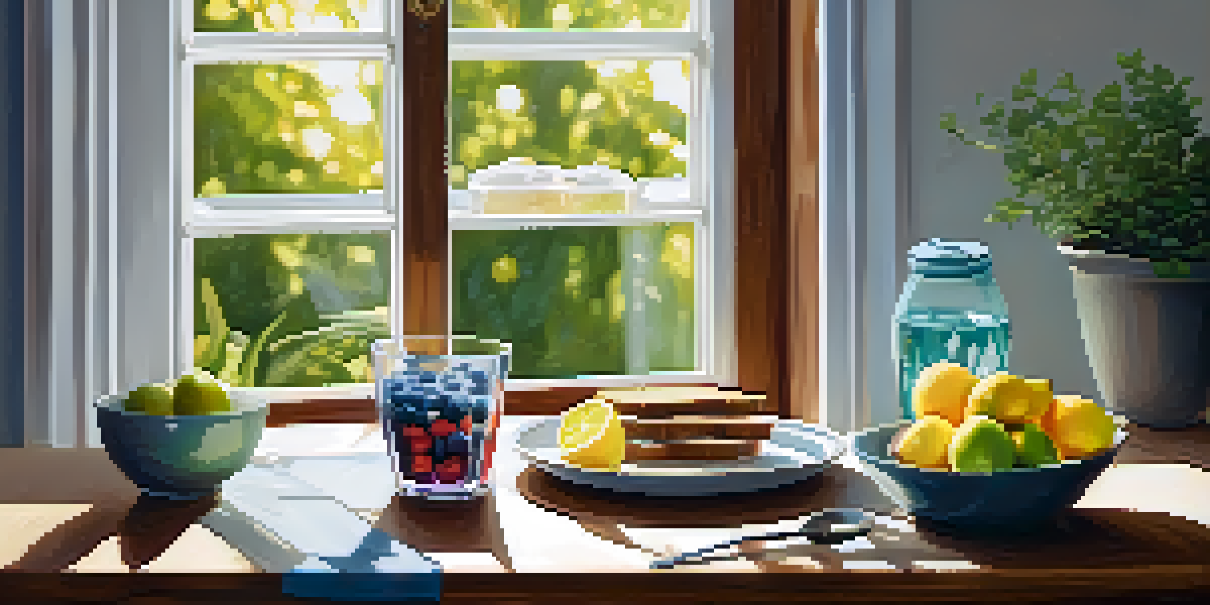 A bright kitchen table set with healthy breakfast items including avocado toast, mixed berries, and a glass of lemon-infused water, illuminated by sunlight.