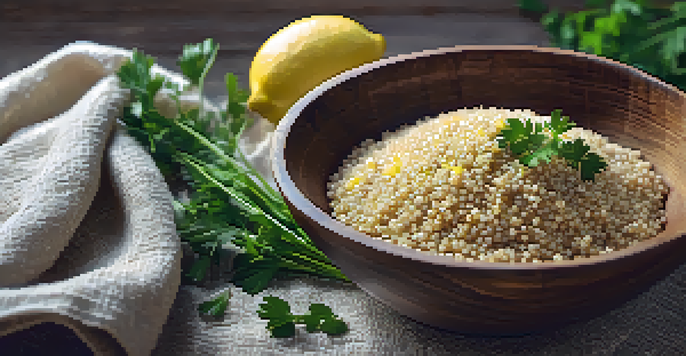 A wooden bowl filled with fluffy cooked quinoa, garnished with fresh parsley and lemon slices, bathed in warm natural sunlight.