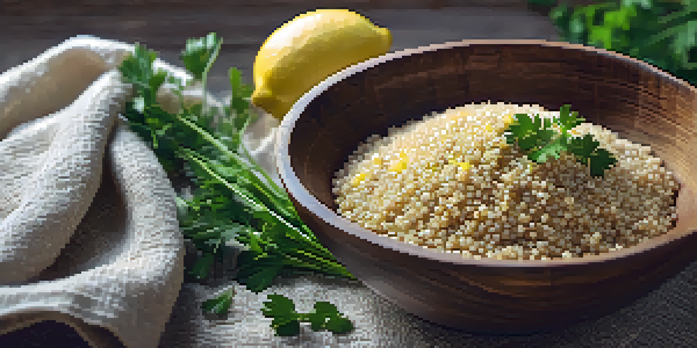 A wooden bowl filled with fluffy cooked quinoa, garnished with fresh parsley and lemon slices, bathed in warm natural sunlight.