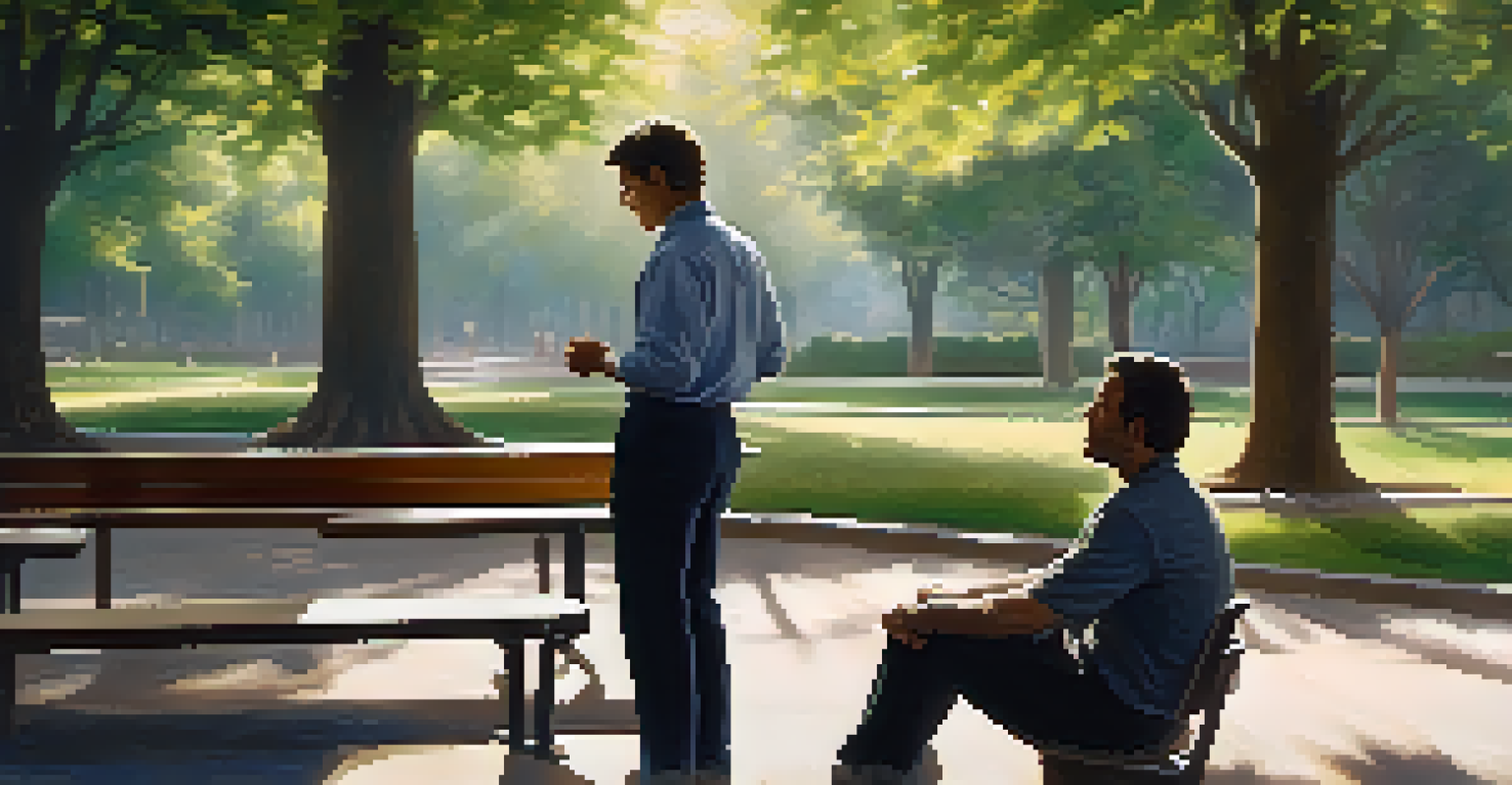 A crisis worker calmly de-escalating a tense situation outdoors in a peaceful park setting with sunlight filtering through the trees.
