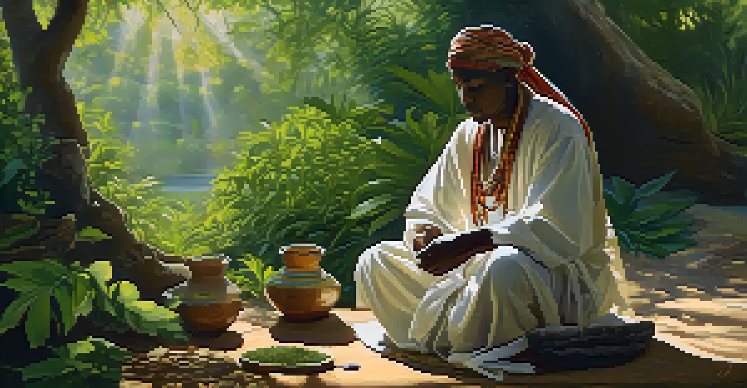 A traditional healer performing a ritual in a peaceful natural setting, surrounded by greenery.
