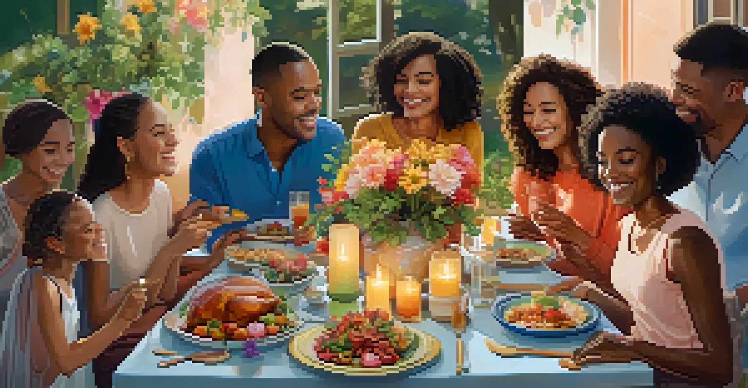 A diverse group of friends enjoying a meal together at a beautifully set table, filled with laughter and warmth.