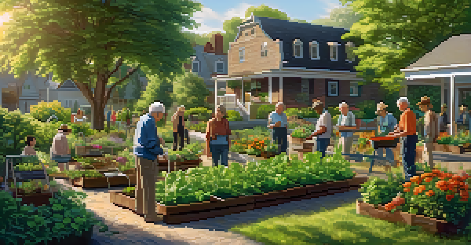 Seniors collaborating in a community garden, planting vegetables and sharing tips while surrounded by vibrant plants and sunlight.