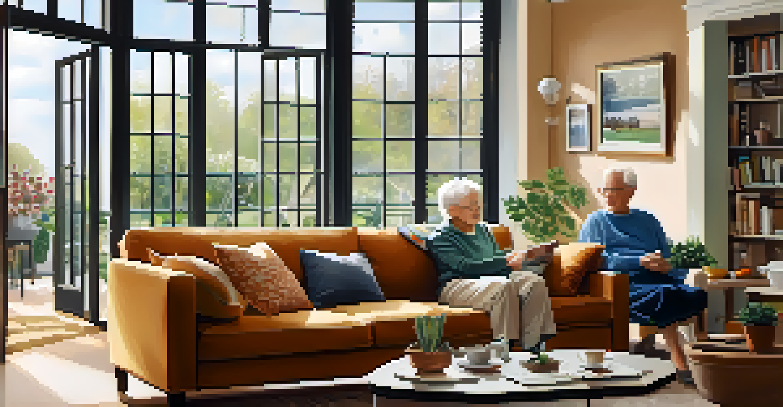 A cozy living room where an elderly couple is solving a puzzle together, surrounded by family photos and plants.