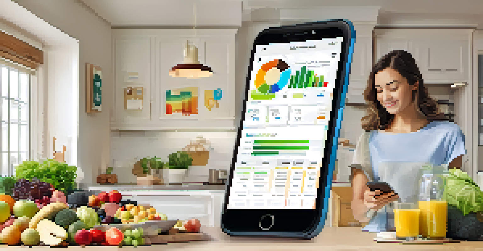 A smartphone showing a nutrition tracking app with colorful graphs, while a person uses it at a kitchen table.