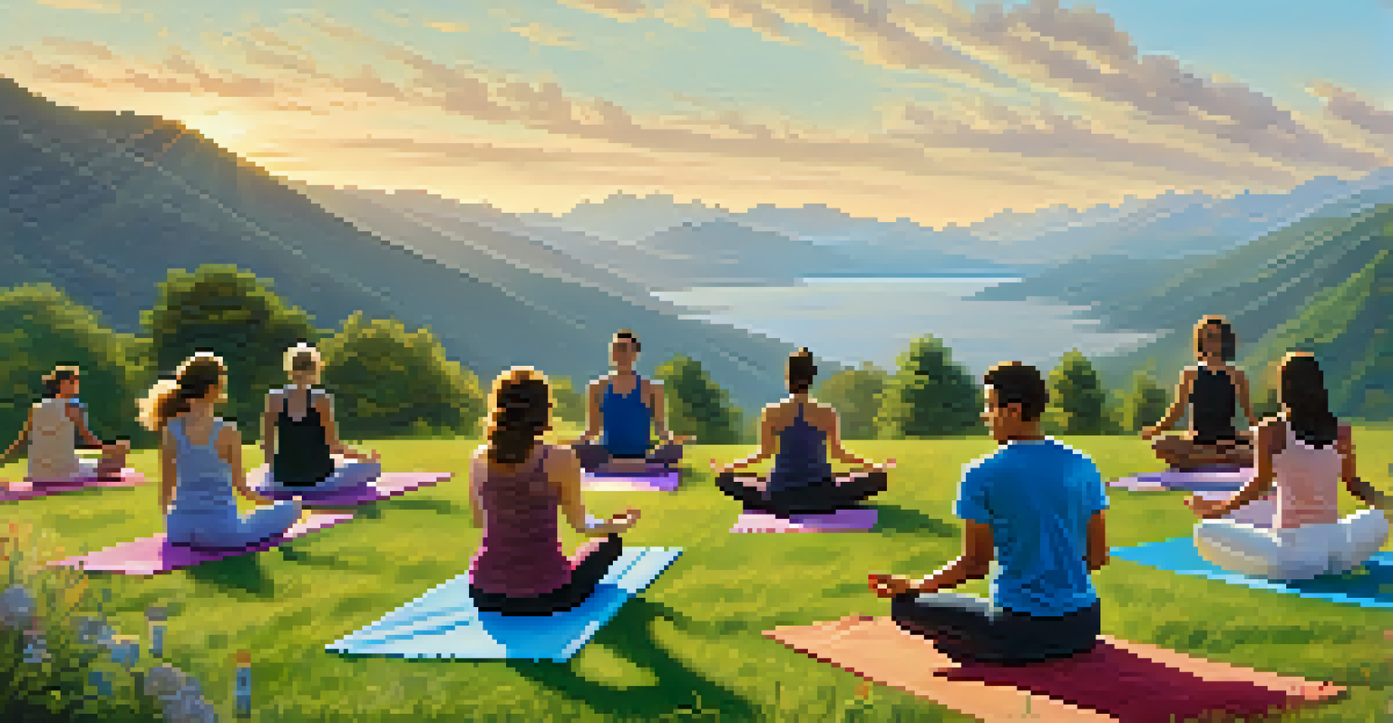A group of people practicing yoga on a hillside with mountains in the background, under a clear blue sky.