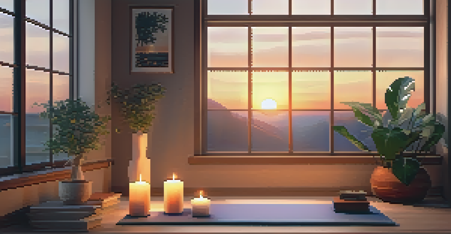 A cozy home yoga setup with a mat, candles, and a journal, softly lit with a view of a sunset through the window, inviting relaxation.