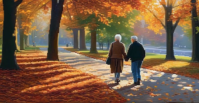An elderly couple walking hand in hand in a park filled with autumn leaves, radiating warmth and happiness.