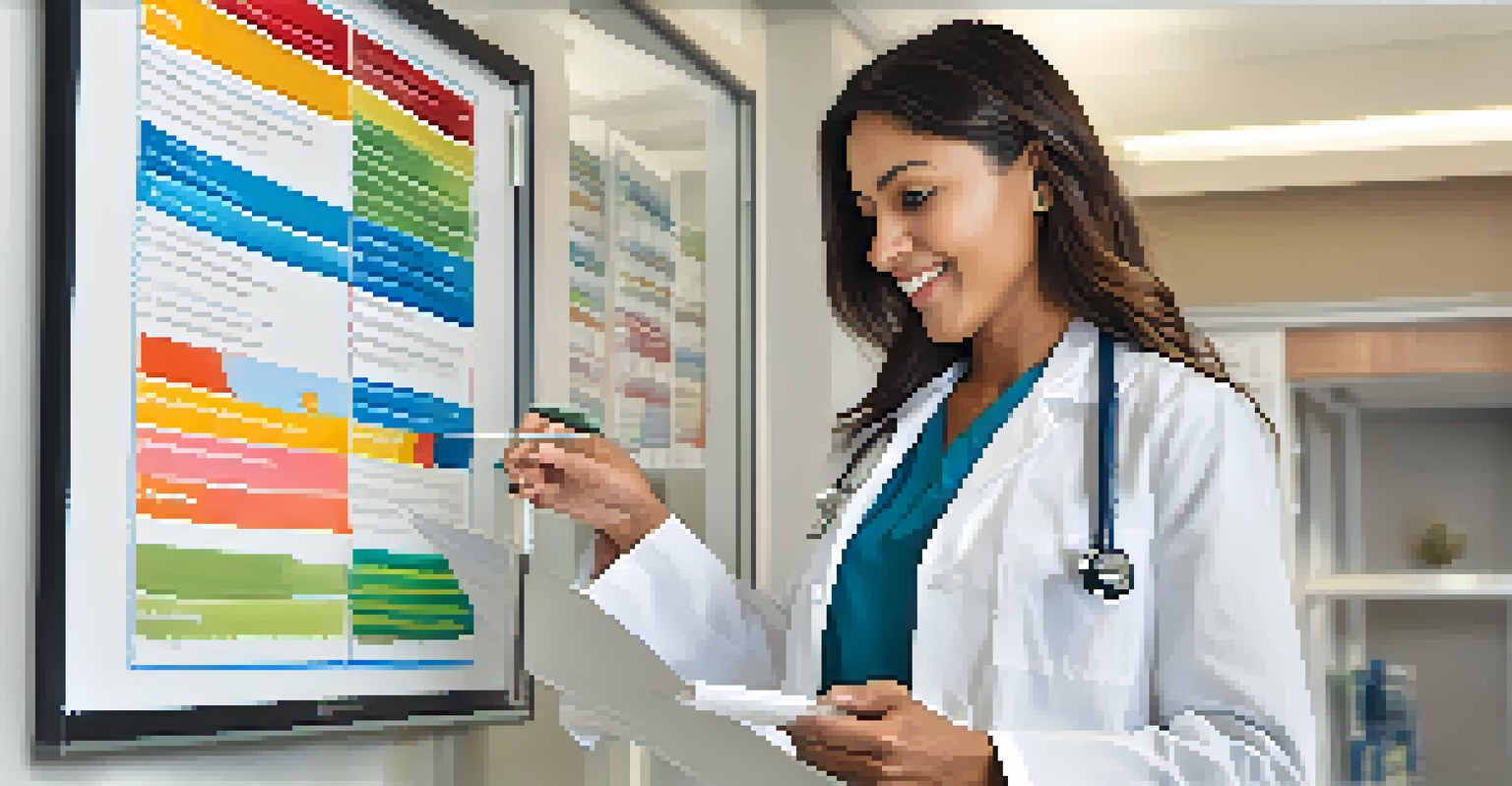 A healthcare provider explaining information to a patient using visual aids in a clinic setting.
