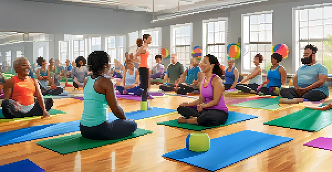 A diverse group of people of different physical abilities participating in a bright fitness class, with adaptive equipment and colorful mats, all smiling and engaging with each other.
