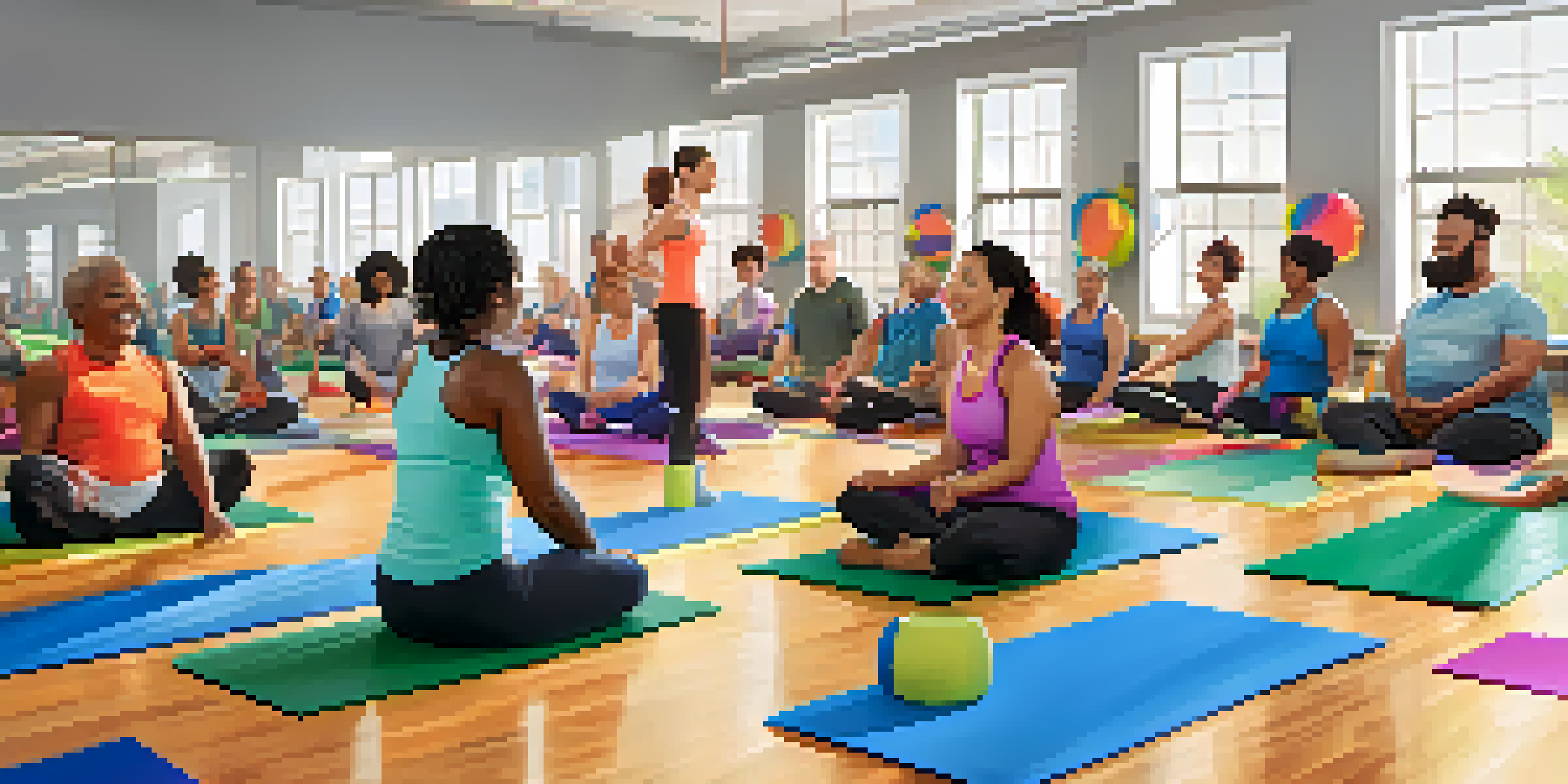 A diverse group of people of different physical abilities participating in a bright fitness class, with adaptive equipment and colorful mats, all smiling and engaging with each other.