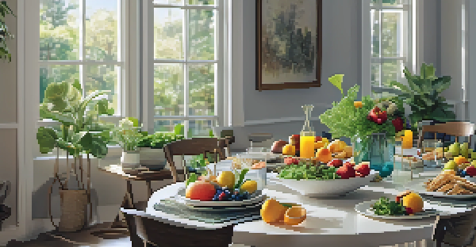 A beautifully arranged dining table with healthy dishes, soft lighting, and calming decor for a mindful eating experience.