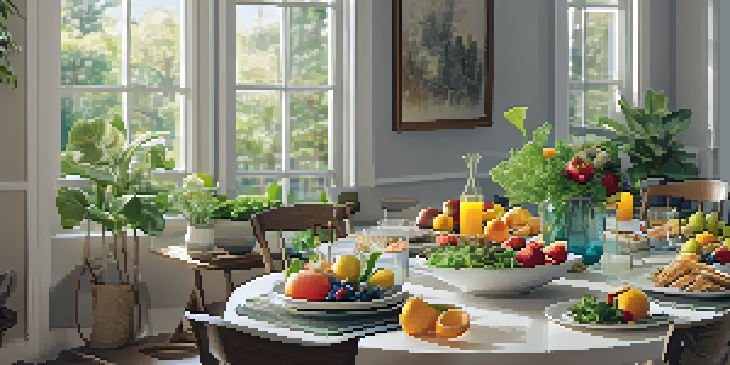 A beautifully arranged dining table with healthy dishes, soft lighting, and calming decor for a mindful eating experience.